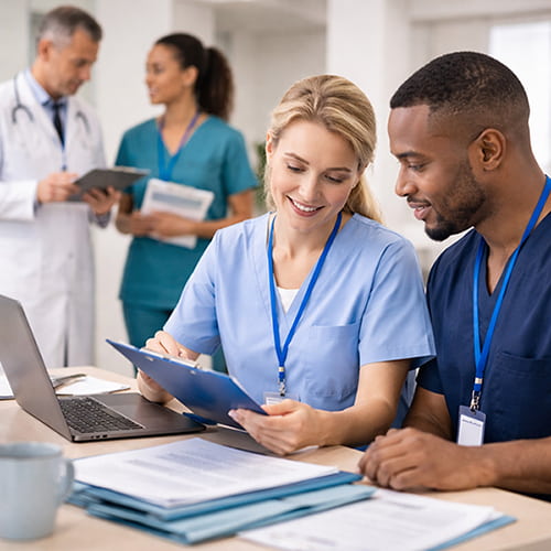 Pflegekräfte besprechen Dienstplanung im Team.