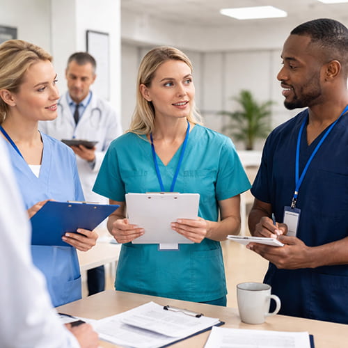Pflegepersonal bei Übergabe und Teambesprechung
